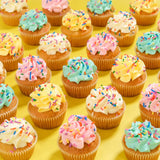 Vanilla Cupcakes from Crumbs & Doilies with colourful icing and sprinkles, freshly baked and perfect for any occasion.